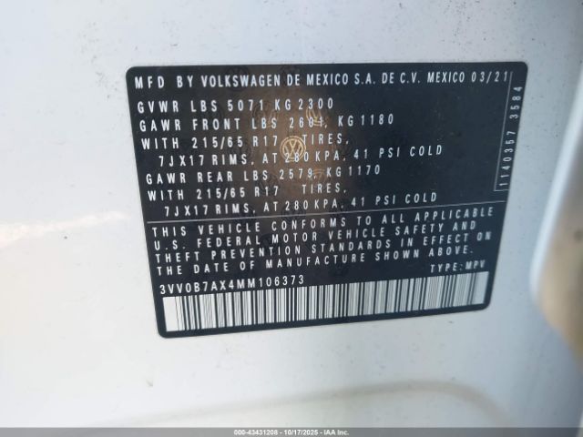 2021 VOLKSWAGEN TIGUAN 3VV0B7AX4MM106373 Photo 8