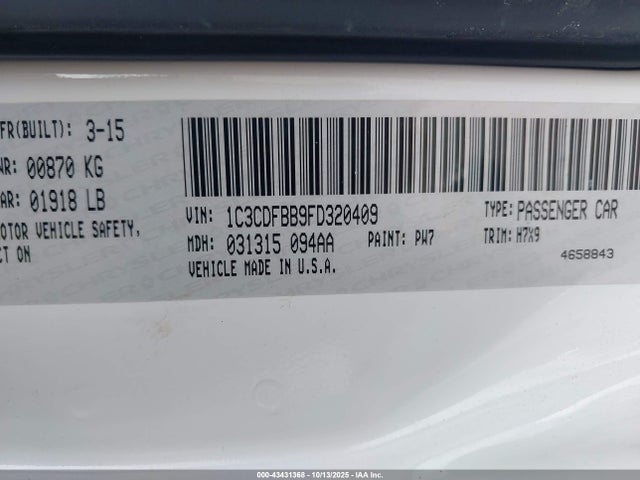 Aukcja sprzedaży 2015 Dodge Dart Sxt, vin: 1C3CDFBB9FD320409, numer aukcji: 43431368