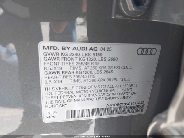 Продажа на аукционе авто 2025 Audi Q3 Premium 45 Tfsi S Line Quattro Tiptronic, vin: WA1DECF35S1072633, номер лота: 43431430