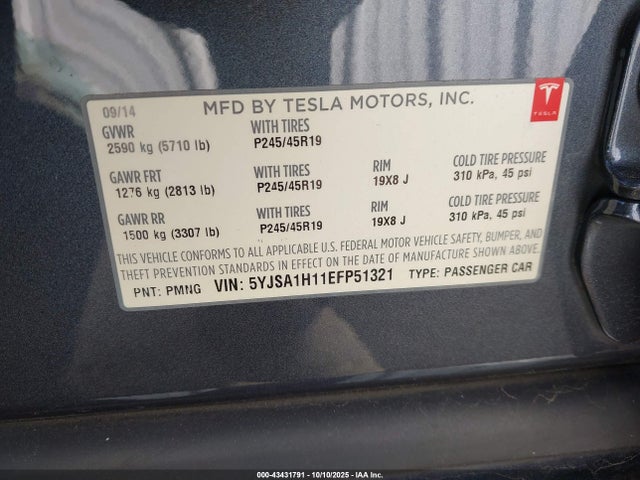 2014 TESLA MODEL S 5YJSA1H11EFP51321 Photo 8