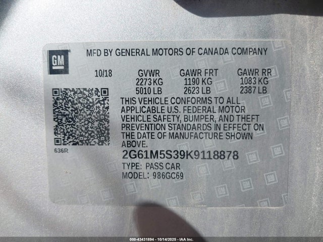 2019 Cadillac Xts Luxury მანქანა იყიდება აუქციონზე, vin: 2G61M5S39K9118878, აუქციონის ნომერი: 43431894