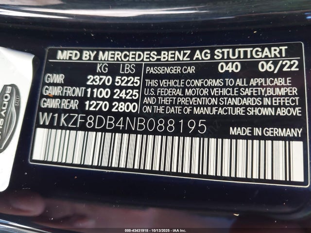 Aukcja sprzedaży 2022 Mercedes-benz E 350, vin: W1KZF8DB4NB088195, numer aukcji: 43431918