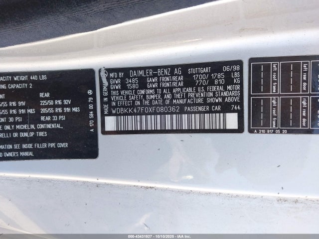 Продаж на аукціоні авто 1999 Mercedes-benz Slk 230 Kompressor, vin: WDBKK47F0XF080362, номер лоту: 43431927