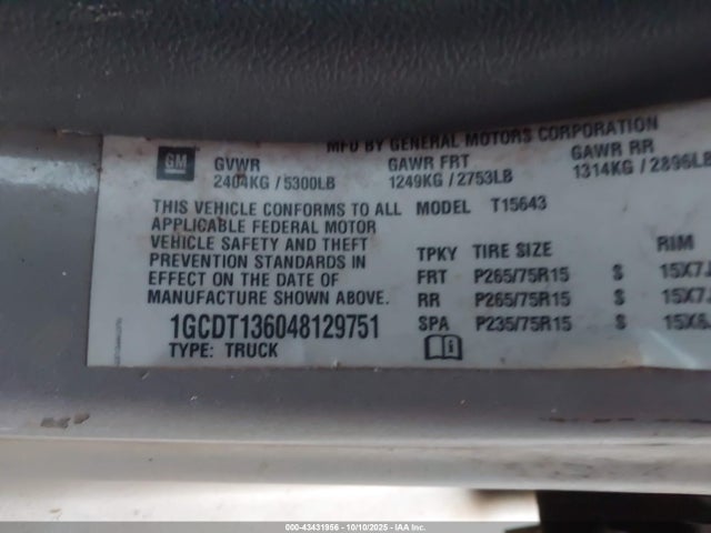 Продаж на аукціоні авто 2004 Chevrolet Colorado Ls, vin: 1GCDT136048129751, номер лоту: 43431956