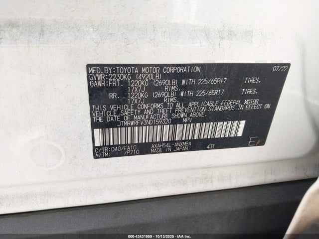 JTMRWRFV3ND159320 Toyota Rav4 Hybrid Xle