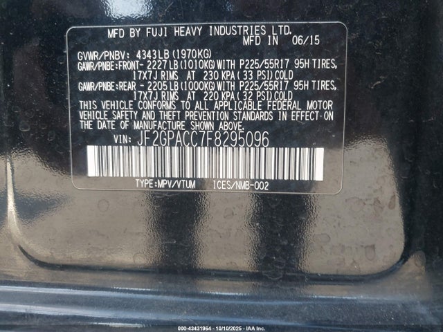 JF2GPACC7F8295096 Subaru 2.0l naturally aapirated