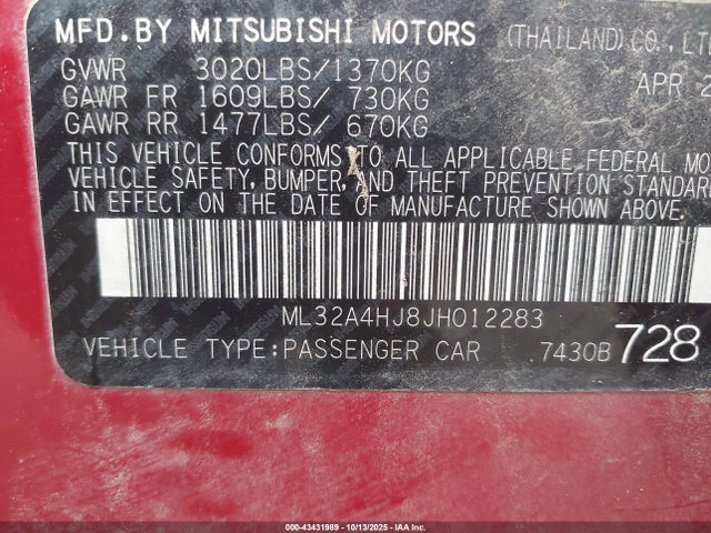 Aukcja sprzedaży 2018 Mitsubishi Mirage Se, vin: ML32A4HJ8JH012283, numer aukcji: 43431989