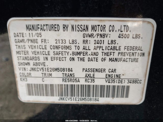 Aukcja sprzedaży 2006 Infiniti G35, vin: JNKCV51E26M508184, numer aukcji: 43432068