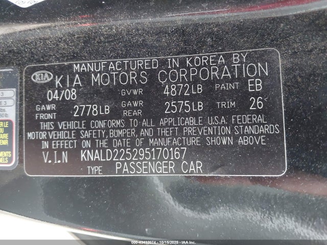 Продаж на аукціоні авто 2009 Kia Amanti, vin: KNALD225295170167, номер лоту: 43432074
