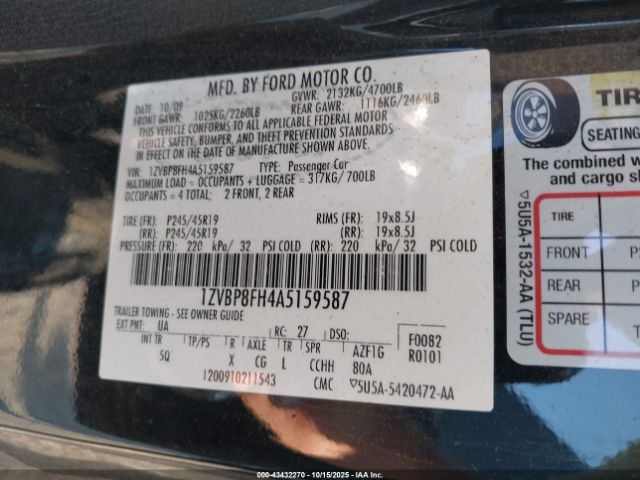 2010 FORD MUSTANG 1ZVBP8FH4A5159587 Photo 8