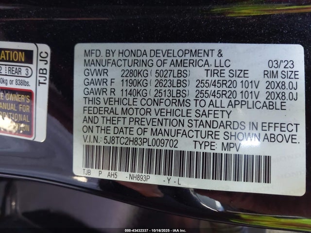 43432337 :رقم المزاد ، 5J8TC2H83PL009702 vin ، 2023 Acura Rdx A-spec Advance Package مزاد بيع