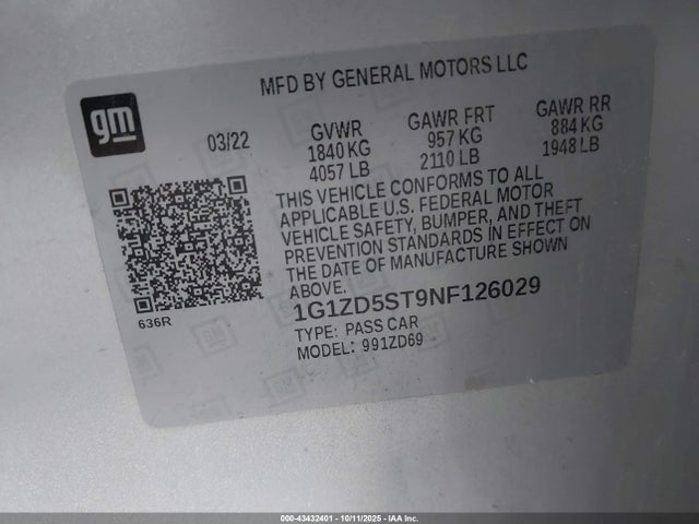 Chevrolet lfv - direct injection, variable valve timing, gen 1 gmna 2022 1G1ZD5ST9NF126029 Image 9