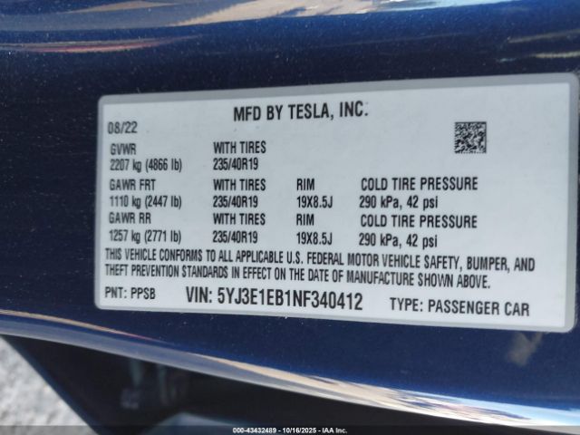2022 TESLA MODEL 3 5YJ3E1EB1NF340412 Photo 8