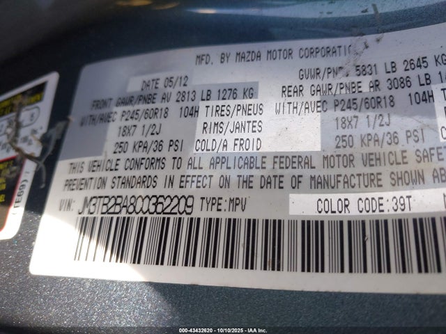 43432620 :رقم المزاد ، JM3TB2BA8C0362209 vin ، 2012 Mazda Cx-9 Sport مزاد بيع