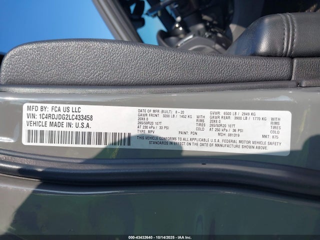 43432640 :رقم المزاد ، 1C4RDJDG2LC433458 vin ، 2020 Dodge Durango Gt Plus Awd مزاد بيع
