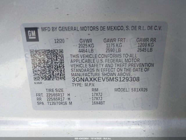 3GNAXKEV5MS129308 Chevrolet Equinox Fwd Lt