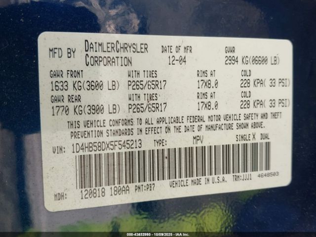 2005 DODGE DURANGO 1D4HB58DX5F545213 Photo 8