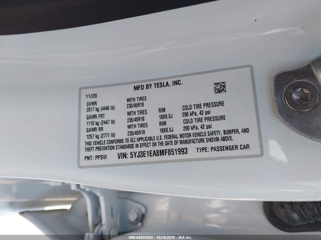 2021 TESLA MODEL 3 5YJ3E1EA8MF851993 Photo 8
