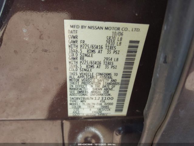 2007 NISSAN QUEST 5N1BV28U67N123100 Photo 8