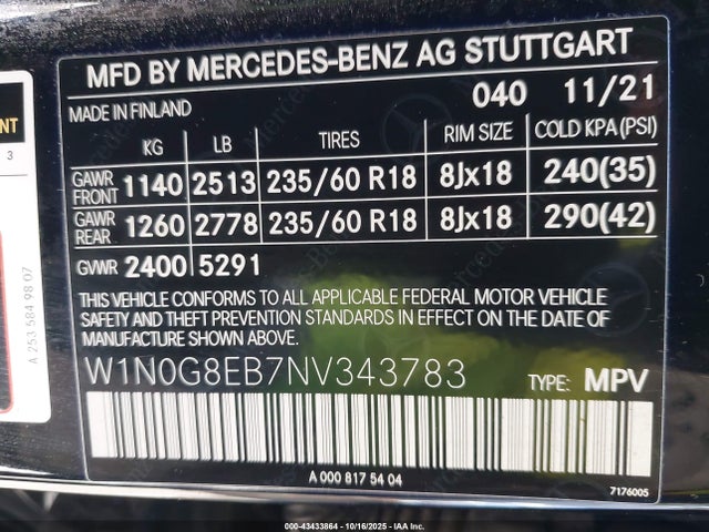 Aukcja sprzedaży 2022 Mercedes-benz Glc 300 4matic Suv, vin: W1N0G8EB7NV343783, numer aukcji: 43433864