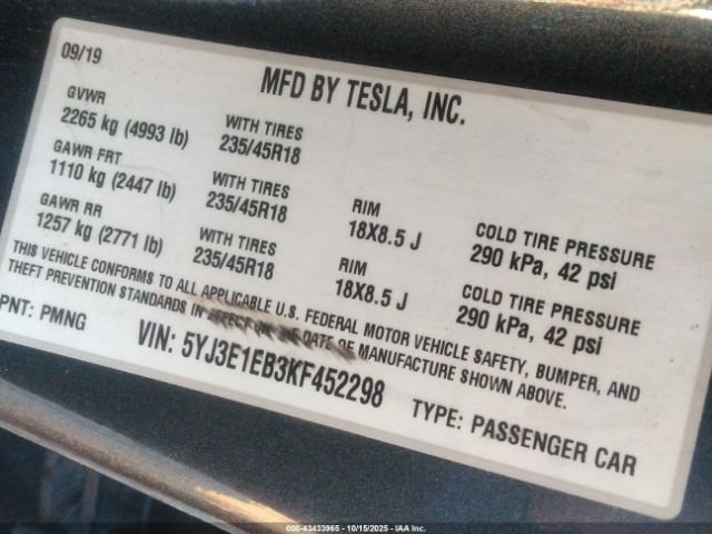 2019 TESLA MODEL 3 5YJ3E1EB3KF452298 Photo 8