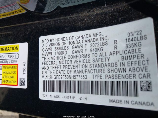 2022 HONDA CIVIC 2HGFE2F50NH577853 Photo 8