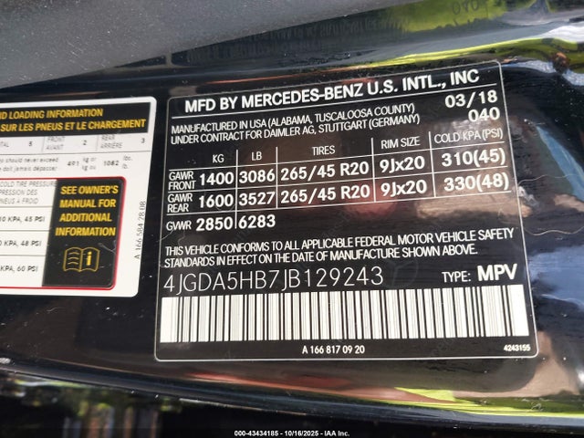 43434185 :رقم المزاد ، 4JGDA5HB7JB129243 vin ، 2018 Mercedes-benz Gle 350 4matic مزاد بيع