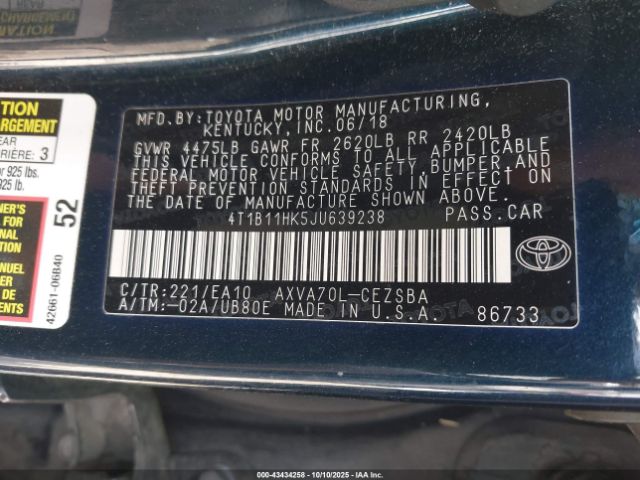 2018 TOYOTA CAMRY 4T1B11HK5JU639238 Photo 8