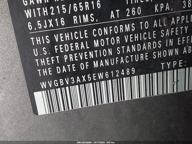 43434365 :رقم المزاد ، WVGBV3AX5EW612489 vin ، 2014 Volkswagen Tiguan S مزاد بيع