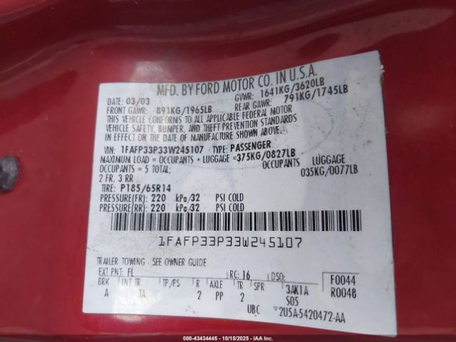 2003 FORD FOCUS 1FAFP33P33W245107 Photo 8