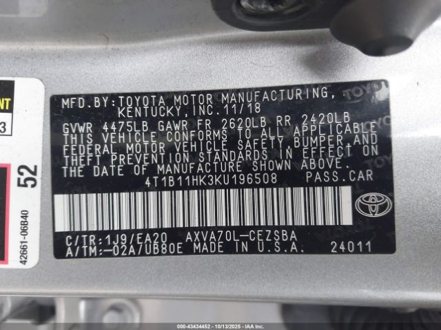 2019 TOYOTA CAMRY 4T1B11HK3KU196508 Photo 8