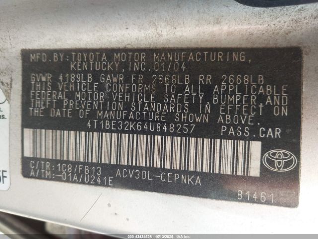 2004 TOYOTA CAMRY 4T1BE32K64U848257 Photo 8