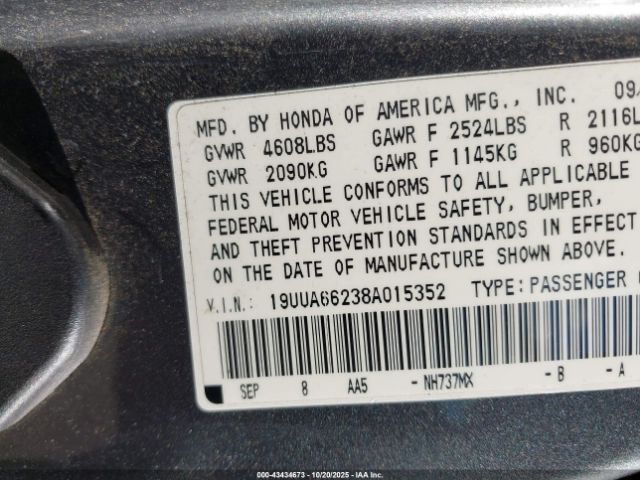 2008 ACURA TL 19UUA66238A015352 Photo 8