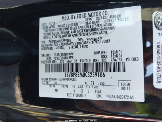 2012 FORD MUSTANG 1ZVBP8EM0C5259106 Photo 8