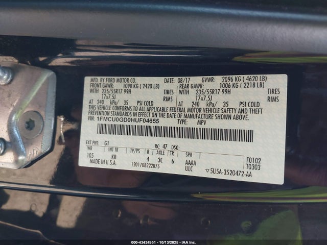 Продажа на аукционе авто 2017 Ford Escape Se, vin: 1FMCU0GD0HUF04655, номер лота: 43434951