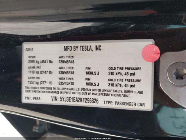 2019 TESLA MODEL 3 5YJ3E1EA2KF296326 Photo 8