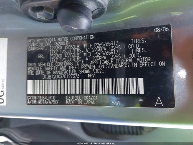Продаж на аукціоні авто 2007 Lexus Gx 470, vin: JTJBT20X370127373, номер лоту: 43435316