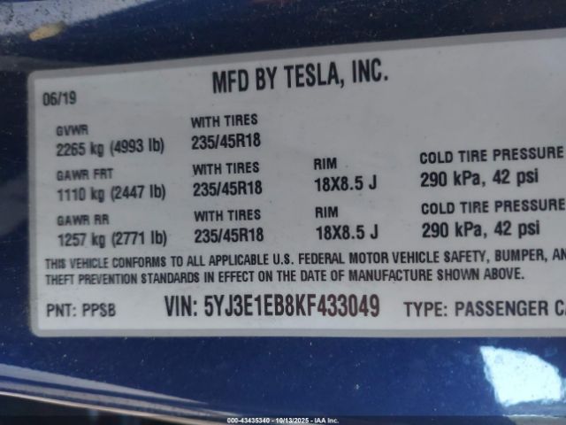 2019 TESLA MODEL 3 5YJ3E1EB8KF433049 Photo 8