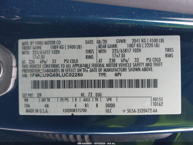 1FMCU9G69LUC02280 Ford ESCAPE SE
