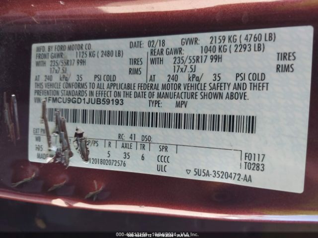 2018 FORD ESCAPE 1FMCU9GD1JUB59193 Photo 8