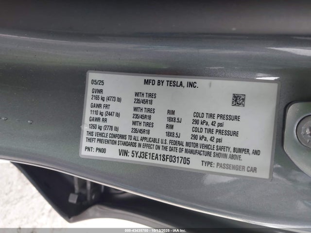 43435780 :رقم المزاد ، 5YJ3E1EA1SF031705 vin ، 2025 Tesla Model 3 Long Range Rear-wheel Drive مزاد بيع