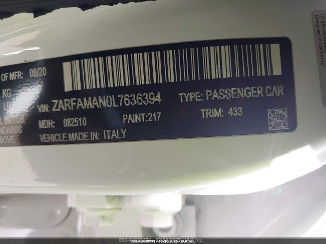 Aukcja sprzedaży 2020 Alfa Romeo Giulia Rwd, vin: ZARFAMAN0L7636394, numer aukcji: 43436111