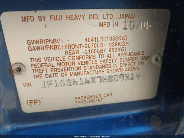 Aukcja sprzedaży 2007 Subaru Impreza 2.5i, vin: JF1GG616X7H809314, numer aukcji: 43436187
