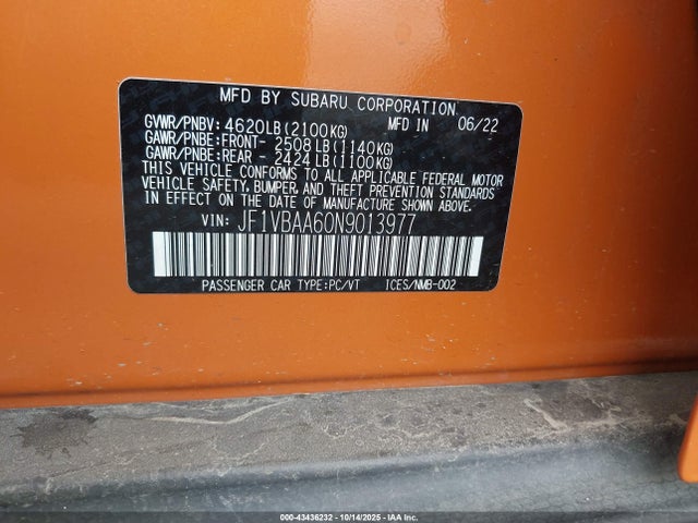 Aukcja sprzedaży 2022 Subaru Wrx, vin: JF1VBAA60N9013977, numer aukcji: 43436232