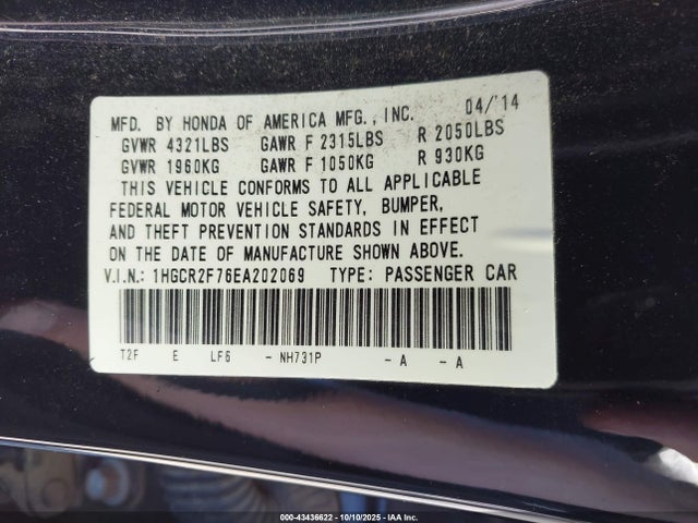 1HGCR2F76EA202069 Honda k24w1