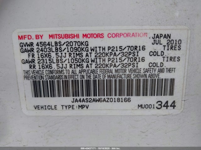 2010 MITSUBISHI OUTLANDER JA4AS2AW6AZ018166 Photo 8