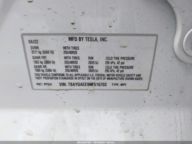 2022 TESLA MODEL Y 7SAYGAEE9NF516703 Photo 8