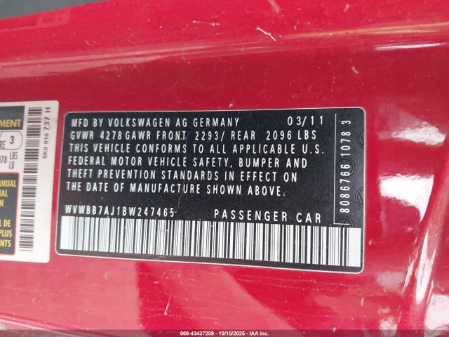 Auction sale of the 2011 Volkswagen Golf 2.5l 2-door, vin: WVWBB7AJ1BW247465, lot number: 43437289
