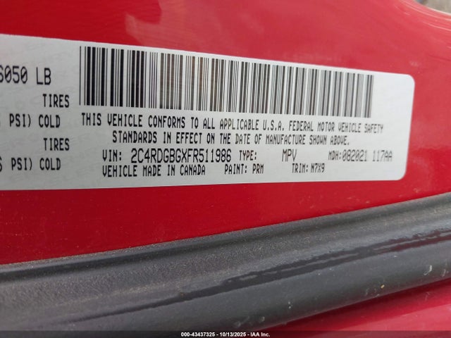 Продажа на аукционе авто 2015 Dodge Grand Caravan Se, vin: 2C4RDGBGXFR511986, номер лота: 43437325
