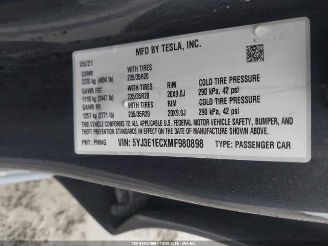 Aukcja sprzedaży 2021 Tesla Model 3 Performance Dual Motor All-wheel Drive, vin: 5YJ3E1ECXMF980898, numer aukcji: 43437380
